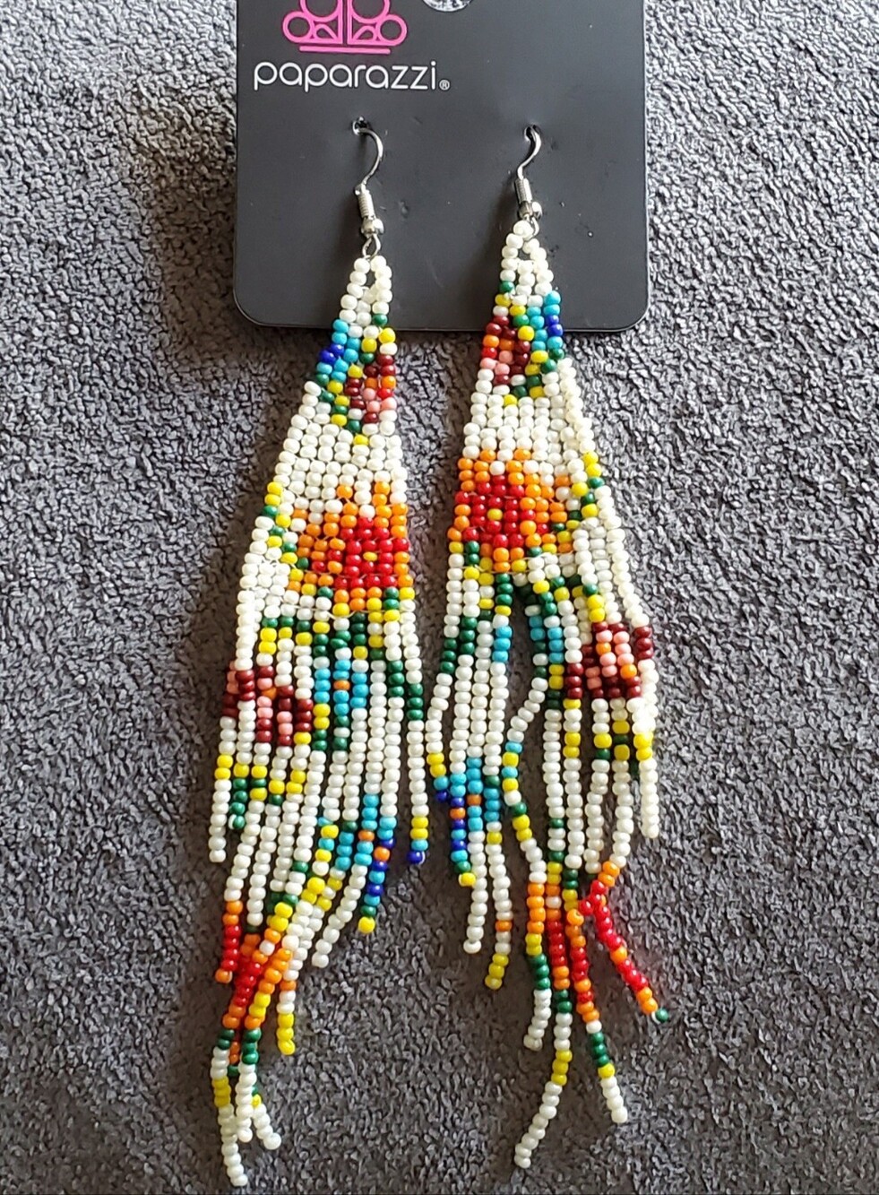 Paparazzi White Multicolor Seed Bead Fringe Earrings